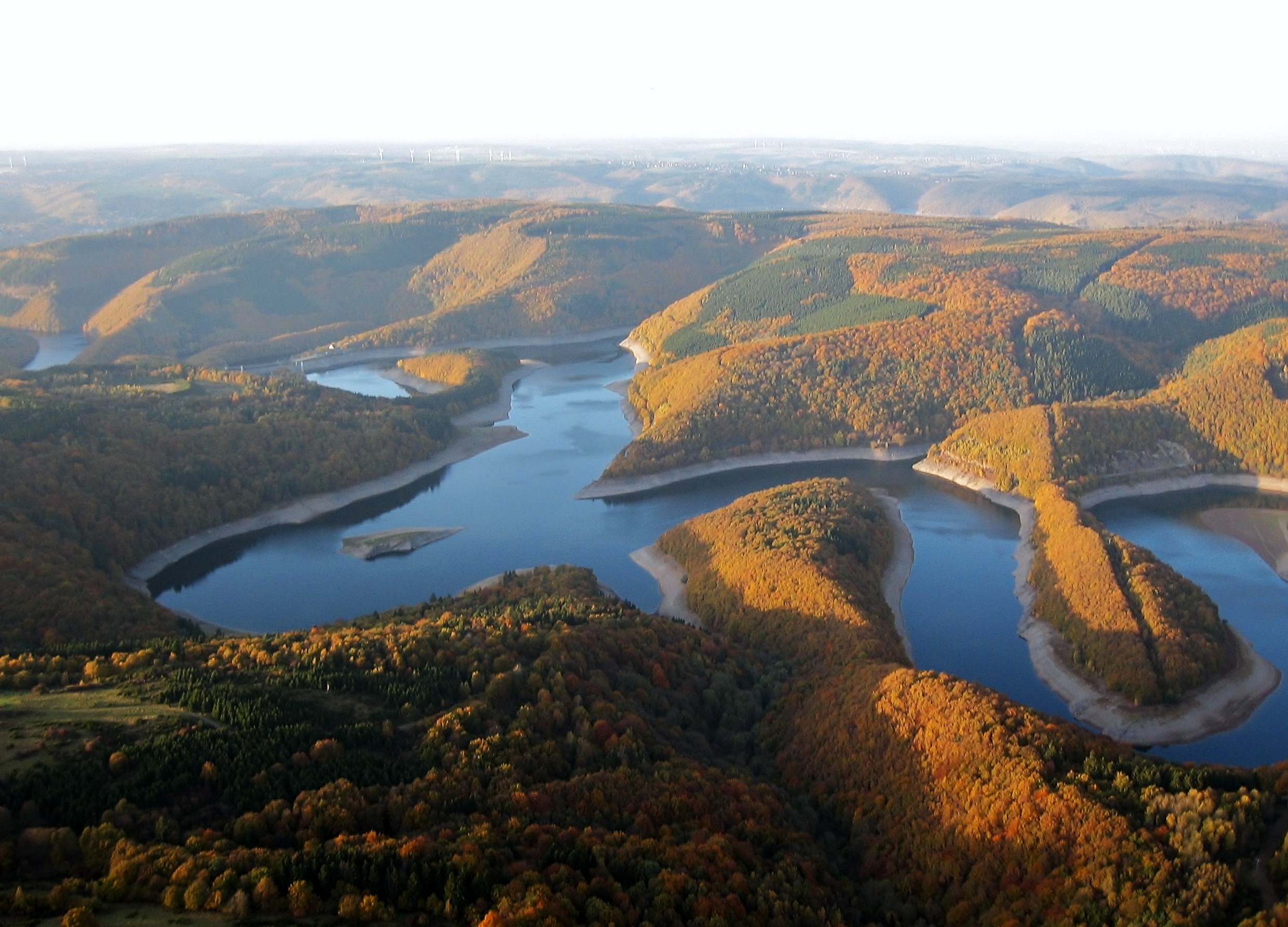 Von oben zeigt der der Nationalpark Eifel seine Landschaft aus Wald und Wasser.