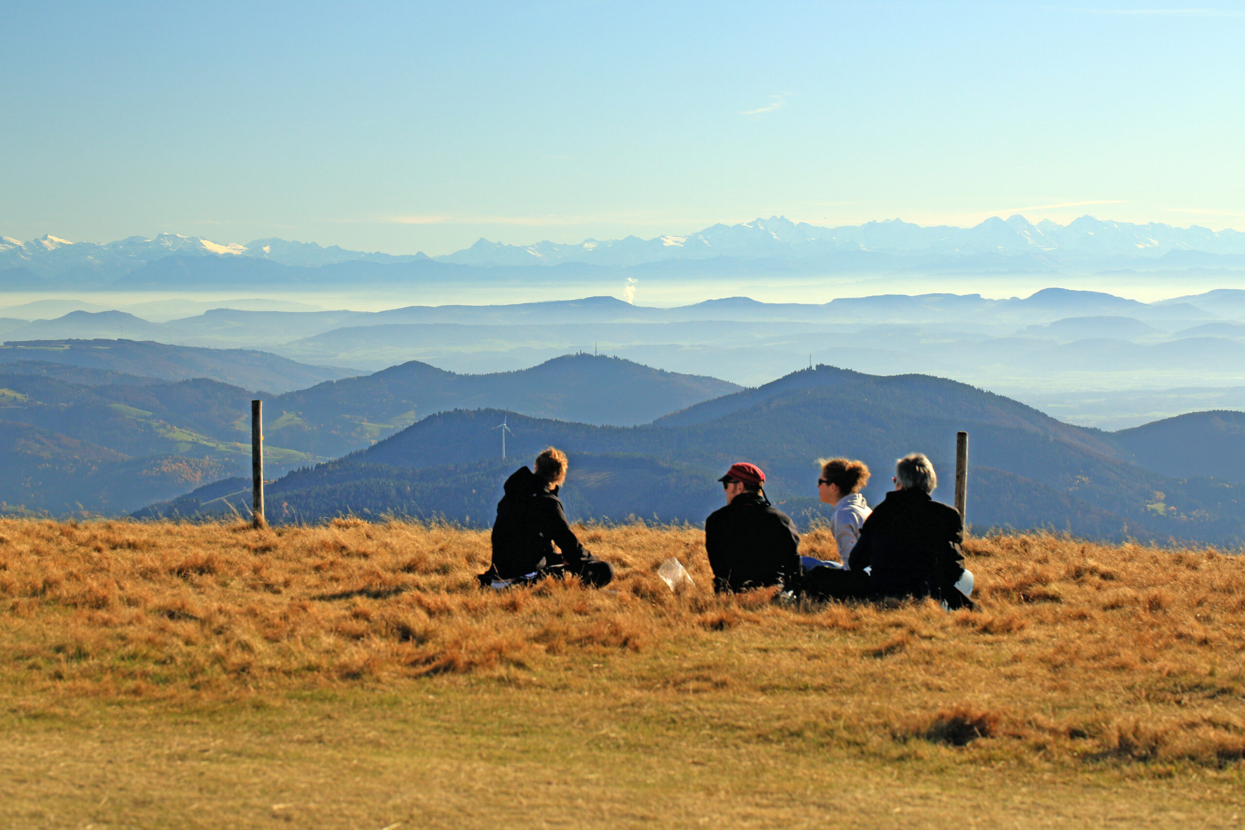 Vier Menschen ruhen sich auf einer Alpenwiese aus und haben einen weiten Blick über die Berge und Wälder des Schwarzwalds.