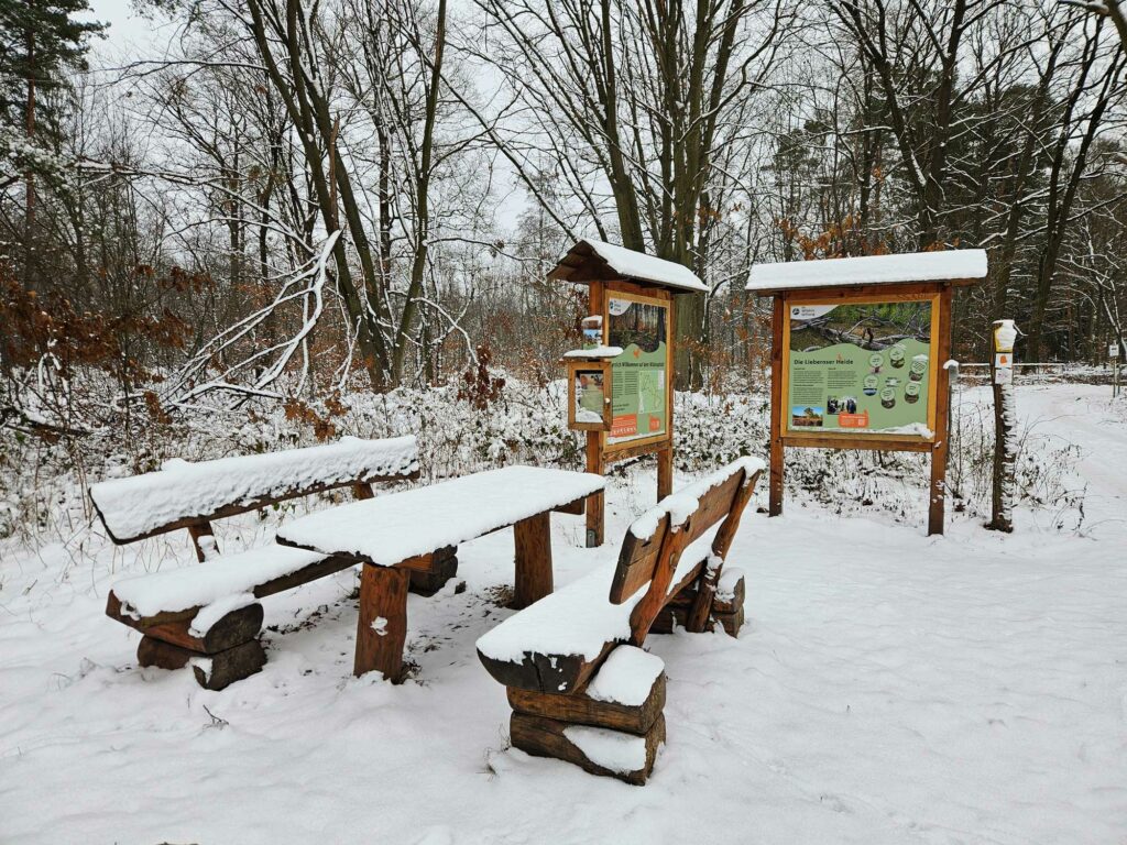 Zwei Infotafeln und eine hölzerne Sitzgruppe sind mit Schnee bedeckt.