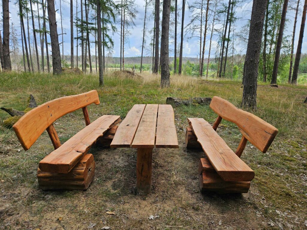 Im Vordergrund ist eine Sitzgruppe aus Holz im Hintergrund kann man durch einzelne Bäume in die Ferne schauen.