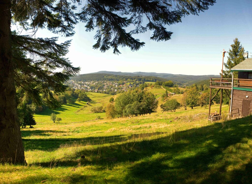 Eine Aussicht ins Tal hinab mit vielen Wiesen, Bäumen und einer Stadt in der Ferne.