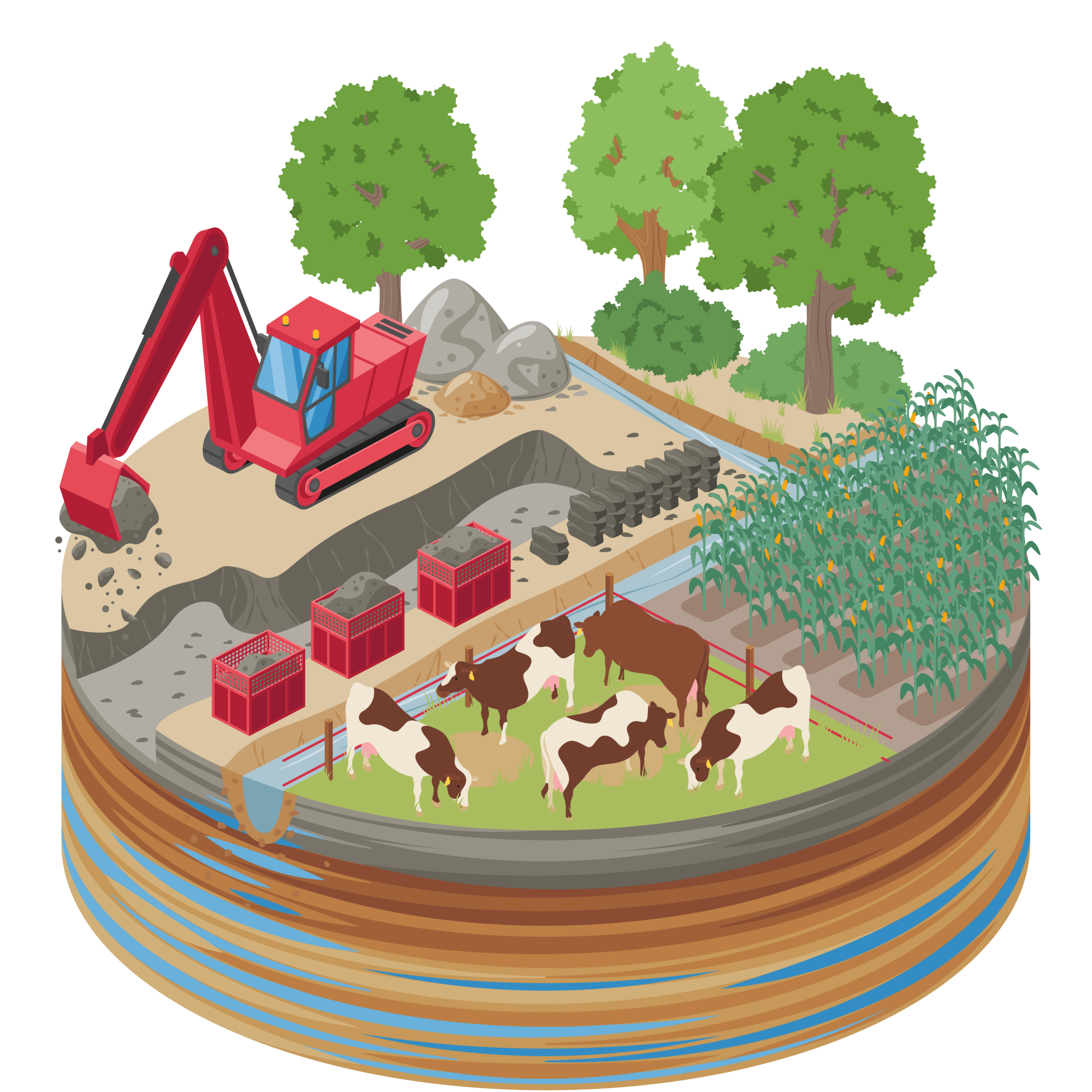 Eine Illustration eines beeinträchtigten Moors. Ein Bagger baut Torf ab, Gräben leiten das Wasser aus dem Gebiet und Landwirtschaft in Form von Maisanbau und Rinderhaltung werden auf den Flächen betrieben.