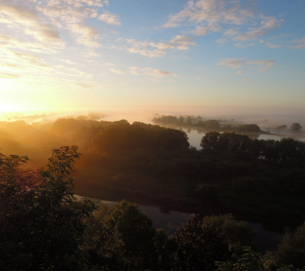 Blick vom Aussichtsturm auf die Flusslandschaft. Die aufgehende Sonne erhellt die nebelverhangenen Elbwiesen.