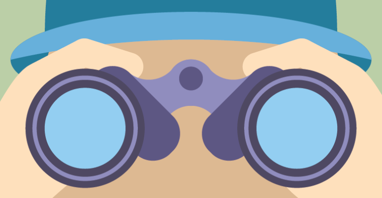 Illustration eines Menschen mit blauer Mütze, der durch ein Fernglas schaut