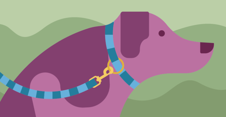 Illustration eines violetten Hundes mit Schlappohren an einer blau-gestreiften Leine
