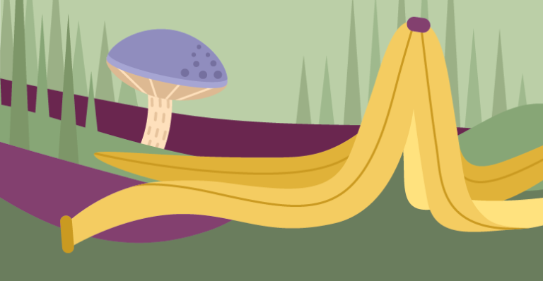 Illustration einer Bananenschale, die neben einem Pilz auf dem Boden liegt