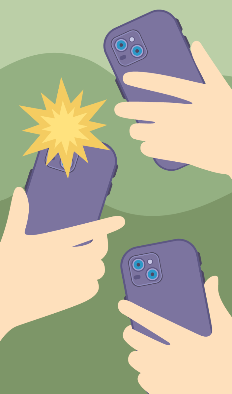 Illustration von drei Händen, die Smartphones halten und Fotos machen. Eine Handykamera blitzt gerade auf.
