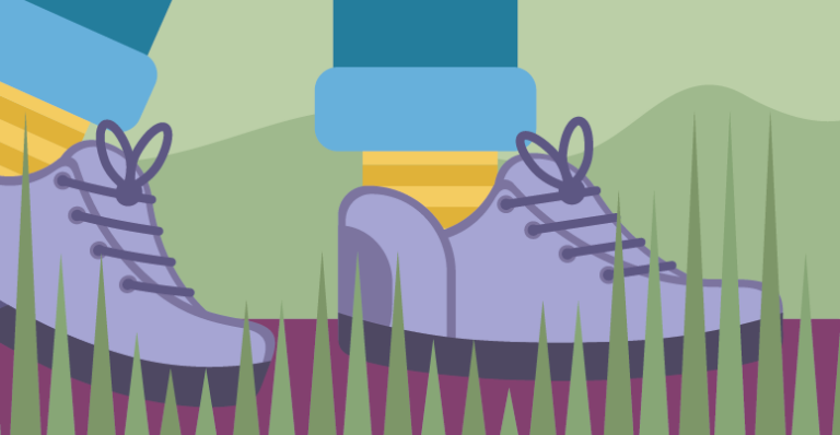 Illustration von in Wanderschuhen steckenden Füßen. Die Person trägt gelb-gestreifte Socken und violette Schuhe.
