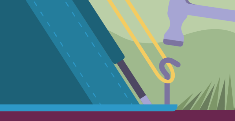 Illustration eines blauen Zeltes. Rechts im Bild ist ein Hammer, der gerade einen Hering in den Boden klopft.