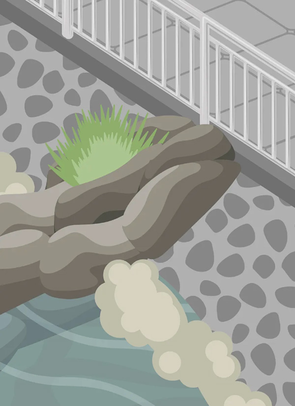 Illustration eines bebauten Flussufers: Ein steinernes Ufer mit Kopfsteinpflaster und weißem Metallgeländer. Zwischen Felsen wächst ein kleines Grasbüschel. Im Wasser treiben weiße Schaumflocken.