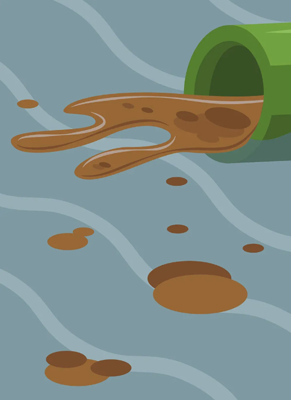 Illustration eines grünen Abflussrohrs, aus dem braune Schmutzflüssigkeit ins Wasser fließt und sich in Schlieren und Tropfen auf der Wasseroberfläche verteilt.